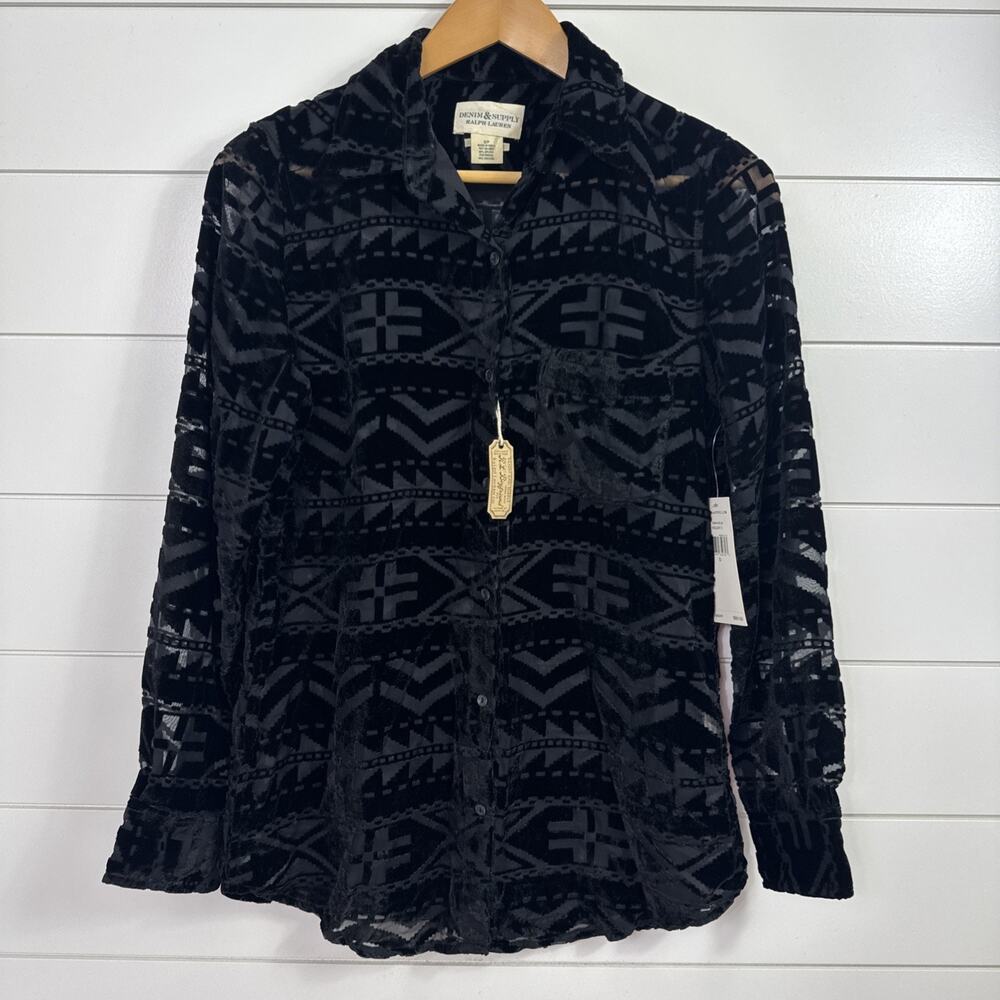 Denim & Supply Ralph Lauren Aztec Velvet Boyfriend Shirt Black sz S